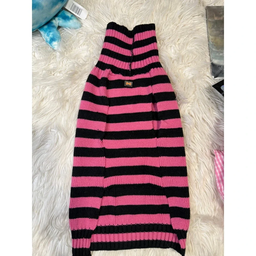 Lot of 3 Dog Clothes Pink Gingham Dress Striped Skull Sweater Tee Bundle